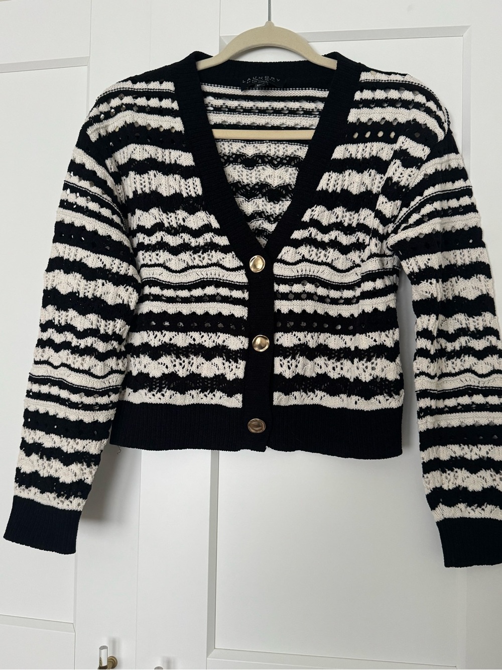 Chinese Laundry Black & White Striped Knit Cardigan with Gold Buttons - Picture 4 of 6